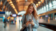 Enjoying travel. Young happy Caucasian business woman wearing a style grey suit holding mobile phone standing in city subway using smartphone for texting, checking apps for public transport, metro or