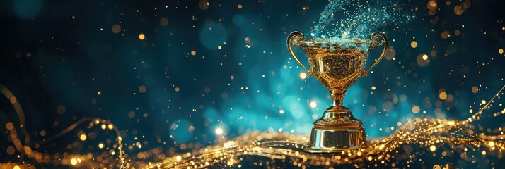 A golden and silver shiny chrome championship cup or winner's trophy adorned with celebratory confetti and ribbon decorations.