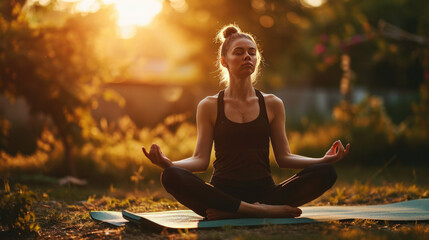 Canvas Print - Woman is practicing yoga in a lotus pose, meditating peacefully during sunset in a serene outdoor setting.