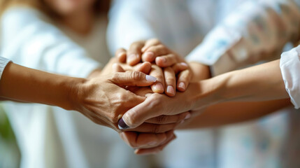 Wall Mural - Close-up view of a group of diverse hands placed one on top of the other in a stack