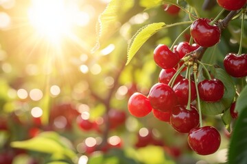 Wall Mural - Growing cherry harvest and producing vegetables cultivation. Concept of small eco green business organic farming gardening and healthy food.