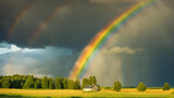 Fototapeta Tęcza - Scenic Countryside View with Rainbow Emerging from Brooding Stormy Clouds