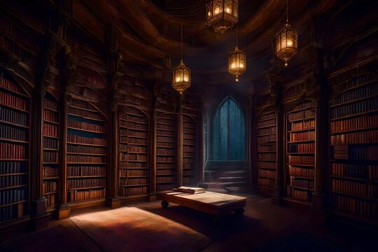 The library, with towering shelves of mystical books, is bathed in the soft, mystical glow of floating orbs of light