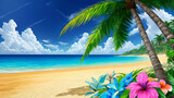 Fototapeta  - tropical beach with waves, palm trees and colorful flowers
