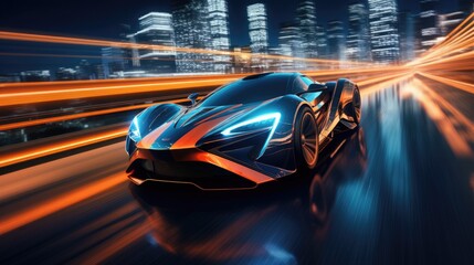 Wall Mural - The vision of a futuristic vehicle navigating the neon-soaked roads of a cyber city during the nighttime.