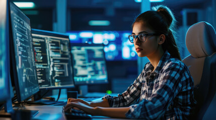 Focused female programmer working in a dark office environment, typing intently on a keyboard while multiple monitors display lines of code