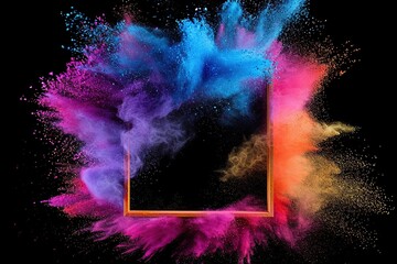 Wall Mural - Colorful empty frame for text, Vivid Holi Festival Sale Banner, Explosion of Powder for Holiday Promotions or Birthday Events on black background.