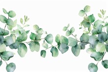 Eucalyptus Leaves Border. Watercolor Illustration Isolated On White. Greenery Clipart For Wedding Invitation, Greeting Cards, Save The Date, Stationery Design. Hand Drawn Green Herbs