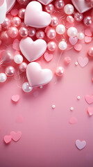 Wall Mural - Pink holiday background with hearts, confetti, pearls and ribbons with copy space