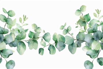 Wall Mural - Eucalyptus leaves border. Watercolor illustration isolated on white. Greenery clipart for wedding invitation, greeting cards, save the date, stationery design. Hand drawn green herbs