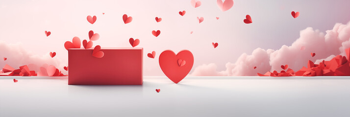 Wall Mural - Valentine's Day banner with red gift box in white clouds and hearts on pink background. Panoramic web header. Wide screen wallpaper