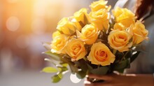 A Bouquet Of Yellow Roses In Women's Hands For Congratulations On Mother's Day, Valentine's Day, Women's Day. Blurred Background.