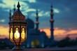 Illuminated lamp of Ramadan Kareem. Lantern with serene mosque background. Evening sky.