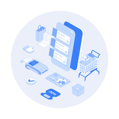 Wall Mural - Online order via phone. Online shopping concept. Ordering system app on the screen. Shopping cart with cardboard boxes, shopping bags. Vector outline illustration with isometry scene for web graphic