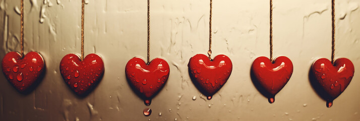 Wall Mural - Garland with red hearts on blurred golden water background. Valentine's Day banner. Panoramic web header. Wide screen wallpaper
