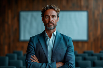 Mature businessman with arms crossed standing in an empty conference room