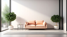 Modern Living Room Interior Sofa,and Plants In Light Peach Colour, Pantone