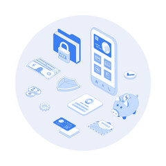 Wall Mural - Digital Banking Online Services. Mobile banking and accounting platform. Online financial operations, payment, shopping. Vector outline illustration with isometry scene for web graphic