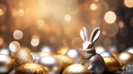 Sticker - One golden an silver colored easter eggs and bunny ears on a bokeh background 