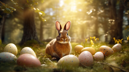 a easter bunny sits in the sunlight or beams on a patch of grass inside the forest, a distance shot 