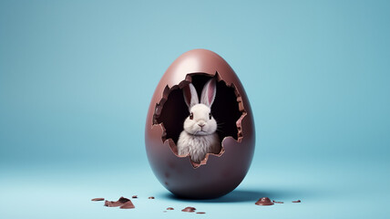 Sticker - A half eaten chocolate easter egg with bunny inside on an isolated pastel background 