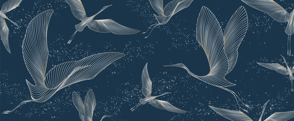 Wall Mural - luxury dark blue art background with crane birds in white line art style. abstract animalistic banne