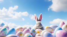 One Pastel Colored Easter Eggs And Bunny Ears On A Blue Sky With Cloud Background 