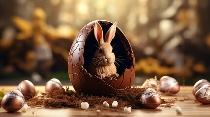 Sticker - A half eaten chocolate easter egg with bunny inside on an isolated table background 