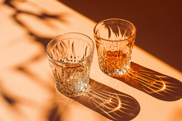 This image captures the warm glow of sunlight filtering through two classic crystal whiskey glasses, creating dramatic shadows and reflections on a smooth surface.