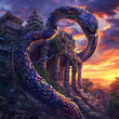 A Majestic Naga Serpent Coiling Around an Ancient Temple Ruins at Sunset, Symbolizing Mystery and Ancient Lore