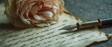 A Classic Scene Of A Vintage Fountain Pen Resting On An Old Handwritten Letter With A Soft Peach Rose, Ideal For Literary Themes, Historical Documentation Services, Or As An Evocative Image For