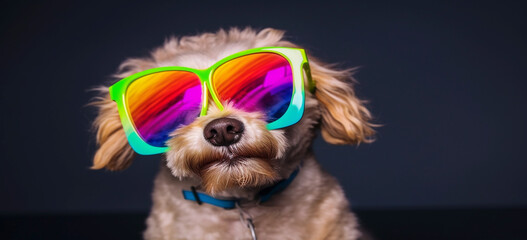 Cute dog with colorful sunglasses , symbolic of LGBTQ campaign.