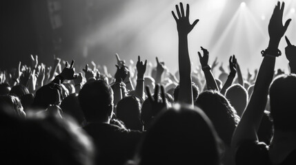 Canvas Print - Monochrome image of a crowd at a concert, with many hands raised in the air, silhouetted against bright stage lights.