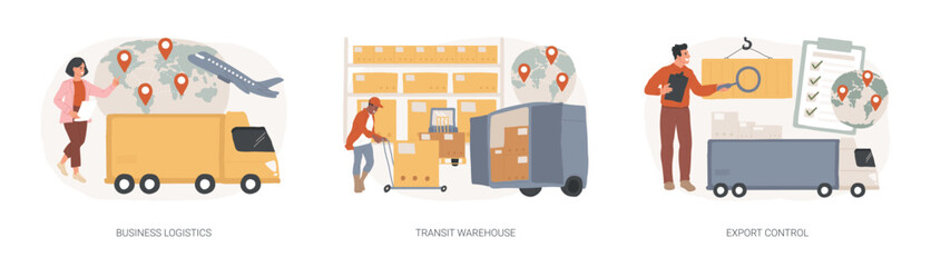 Poster - Smart logistics technologies isolated concept vector illustration set. Business logistics, transit warehouse, export control, business transportation, goods transfer, shipping vector concept.