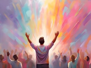 Wall Mural - The man raises his hands to praise and glorify God. A man rejoices against the backdrop of an oil painting with a colorful pastel pattern. Generative AI