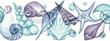 Watercolor nautical seamless border, blue transparent nautilus, starfish, shells and bubbles