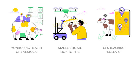 Poster - smart farming isolated cartoon vector illustrations set. monitoring health of livestock, stable clim