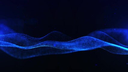 Poster - Wave of particles. Futuristic dots pattern on dark background. Big data digital code. Technology or Science Banner. 3D rendering. 4K animation.