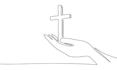 Wall Mural - One line continuous cross in hand. Line art Christian cross in hands isolated on white background. Hand drawn vector art.