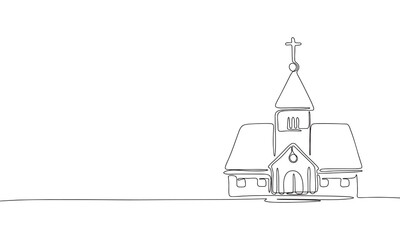 Wall Mural - One line continuous church. Line art church isolated on white background. Hand drawn vector art.