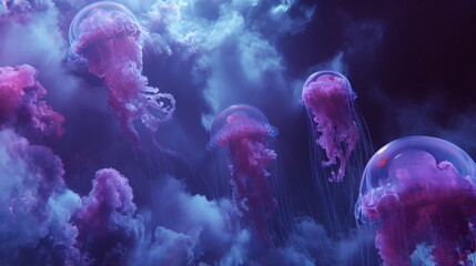Wall Mural - capsule belches smoke through the atmosphere and crashes on an alien world full of jellyfish