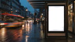 White bus stop billboard poster in a station with cars in moving in the background, Front view, mockup concept blank poster, city traffic