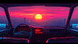 80s retro illustration of a car driving with sunset view, exuding synthwave 80s vibes.