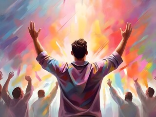 Wall Mural - The man raises his hands to praise and glorify God. A man rejoices against the backdrop of an oil painting with a colorful pastel pattern. Generative AI