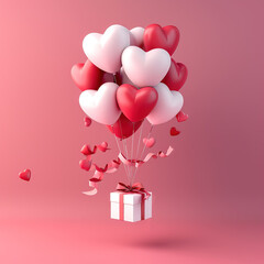 Wall Mural - Valentine's Day background with heart shaped balloons and gift box. 3D Render. Surprise and heart-shaped balloons. Gift in a white box on a pink background. Pink heart-shaped gel balloons.