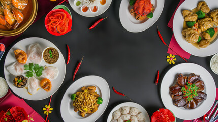 Wall Mural - Top view of delicious chinese food meal on red table background for celebration Chinese New Year
