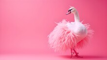 Creative Animal Concept. Swan Bird In Glam Fashionable Couture High End Outfits Isolated On Bright Background Advertisement, Copy Space. Birthday Party Invite Invitation Banner