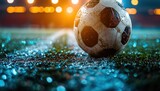 Fototapeta Sport - a soccer ball reflects light on a dark soccer field with lights shining