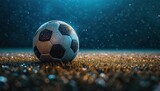 Fototapeta Sport - a soccer ball sitting on an empty field at night