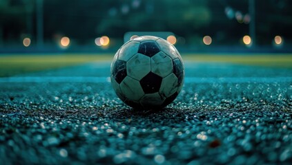 a soccer ball sitting on an empty field at night